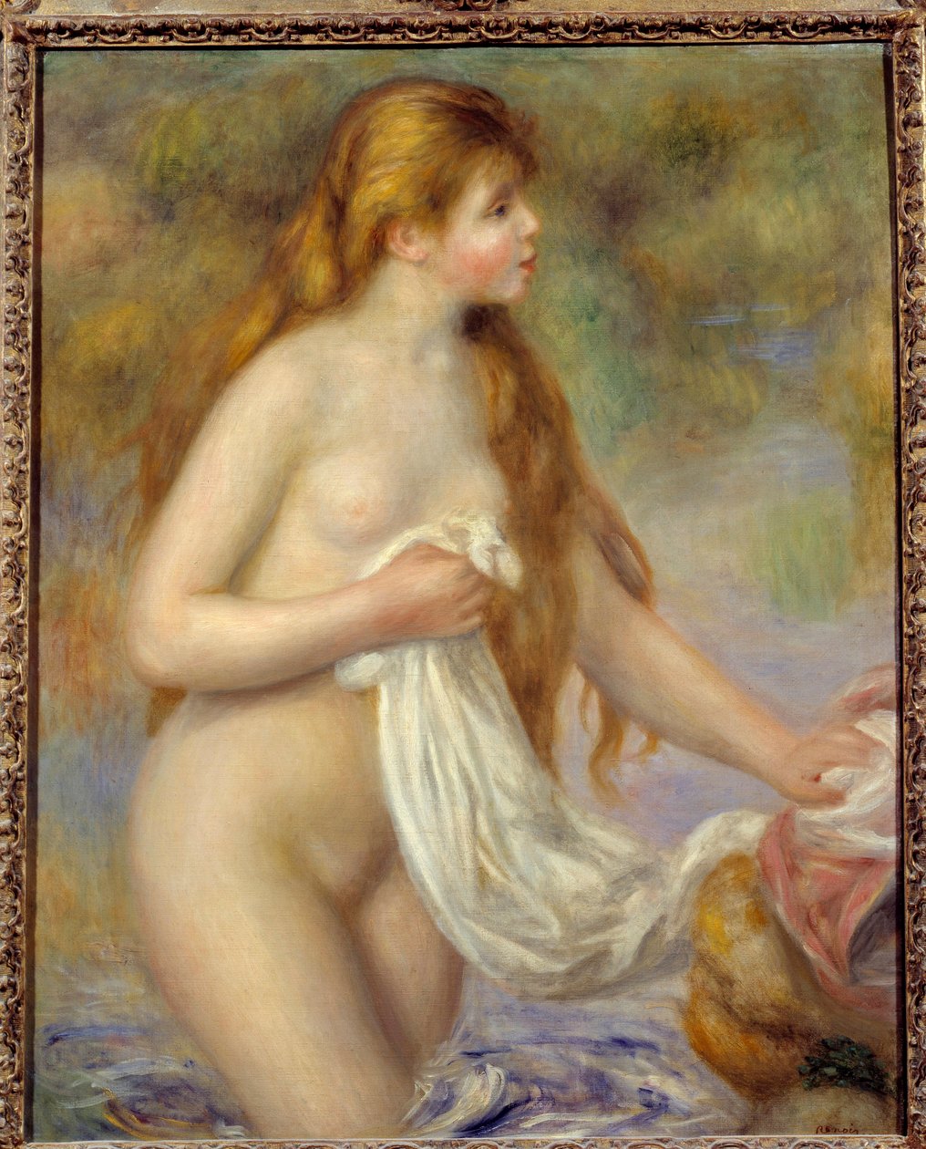 Pierre Auguste Renoir (1841-1919) Hosszú hajú fürdőző festménye alkotó: Pierre Auguste Renoir