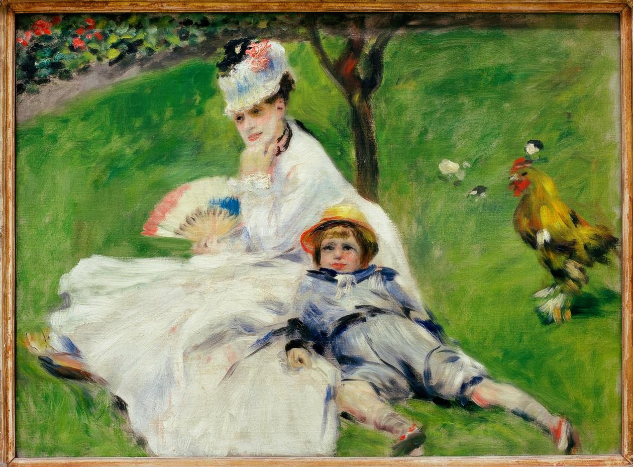 Madame Claude Monet fiával, Jeannel az argi kertben alkotó: Pierre Auguste Renoir