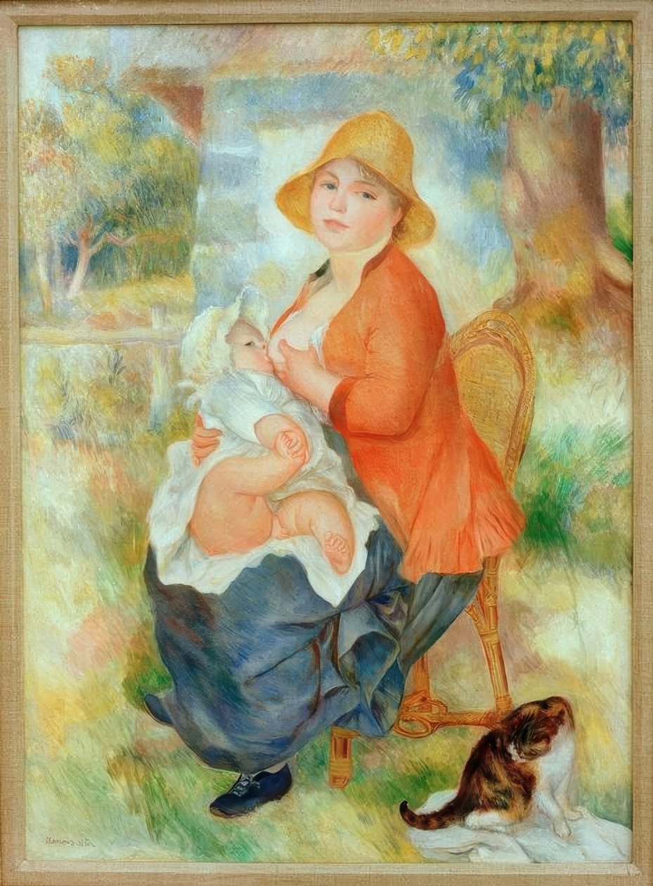 Anyaság. Gyermekét szoptató nő alkotó: Pierre Auguste Renoir