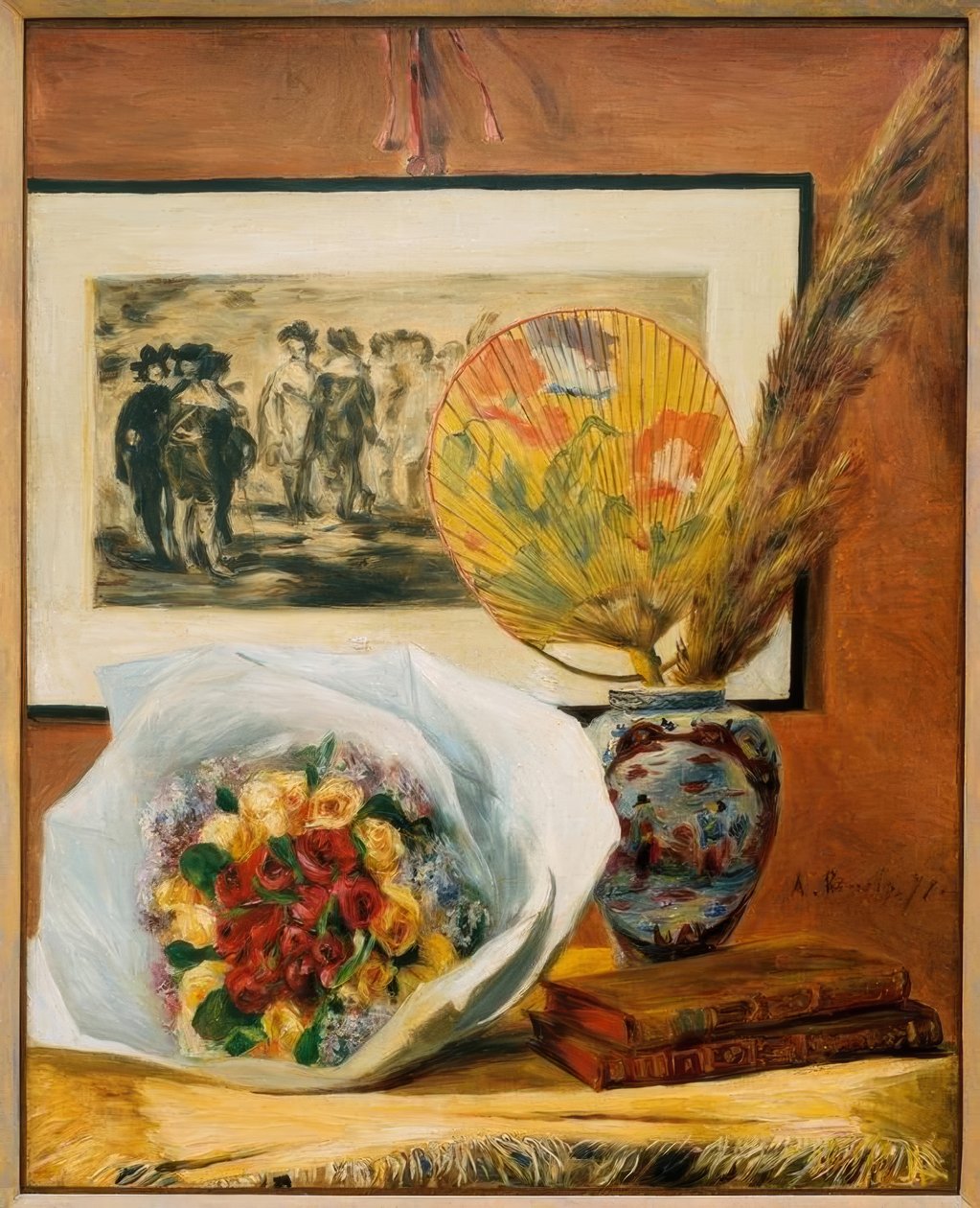 Csendélet csokorral és legyezővel alkotó: Pierre Auguste Renoir