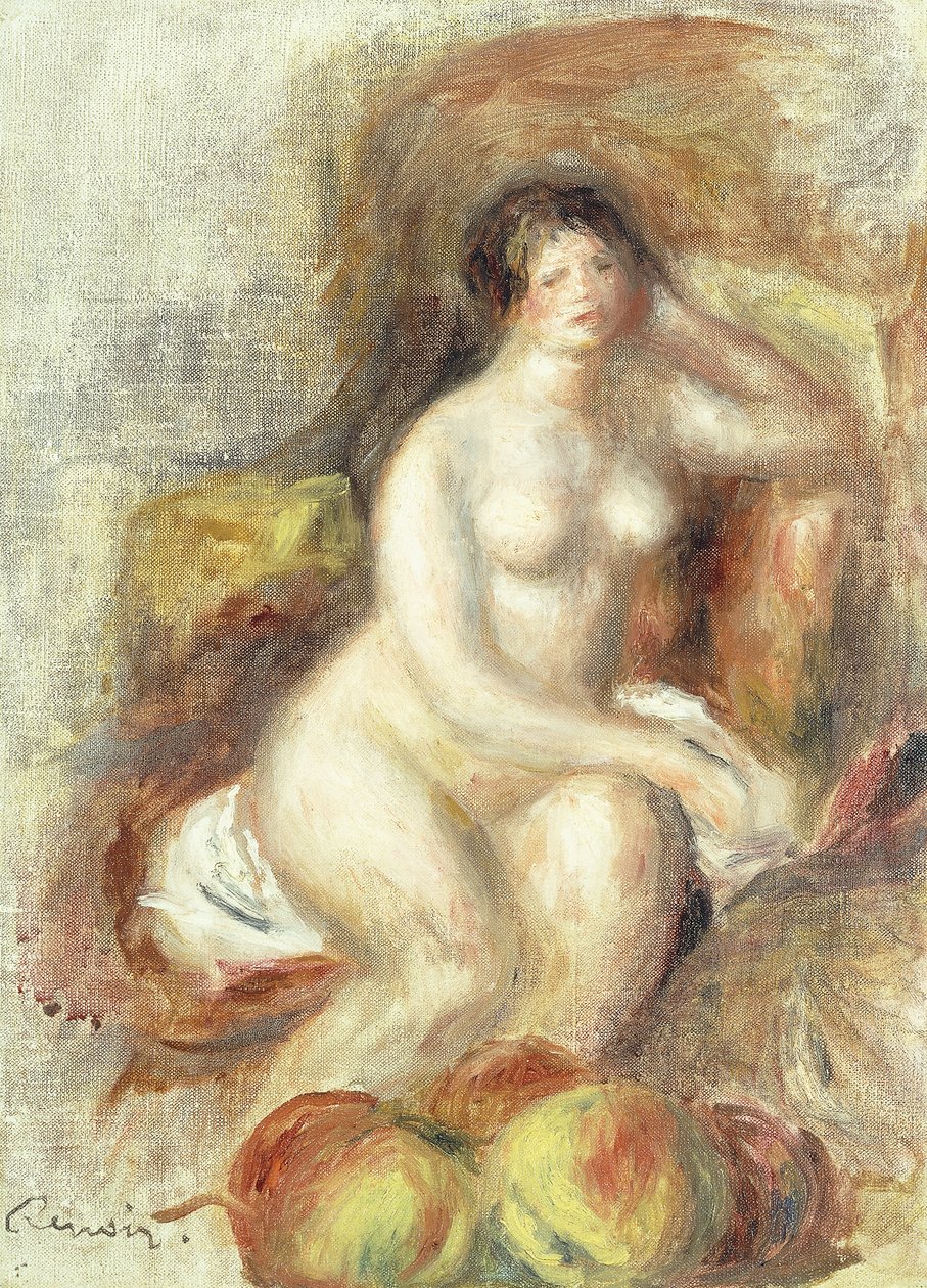 Meztelen nő ül almával; Ülő meztelen nő és almák, 1908 körül alkotó: Pierre Auguste Renoir