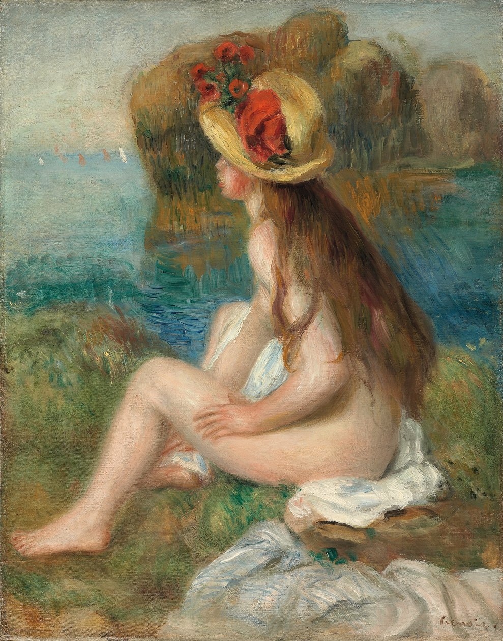 Akt szalmakalapban a tenger mellett, 1892 alkotó: Pierre Auguste Renoir