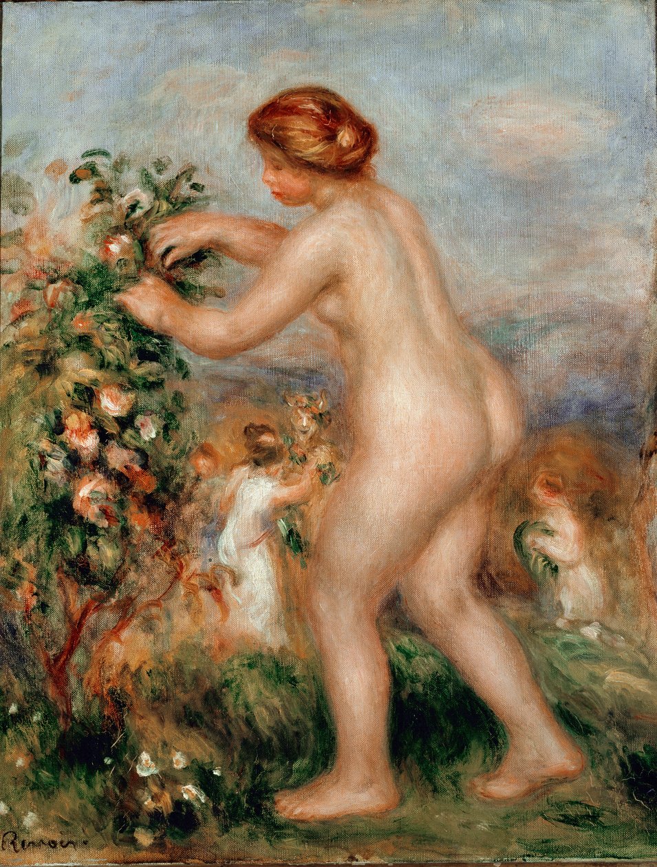 Óda a virágokhoz. A meztelen nőnek, aki rózsát csinál, van egy rózsafája. Pierre Auguste Renoir festménye (Pierre-Auguste alkotó: Pierre Auguste Renoir