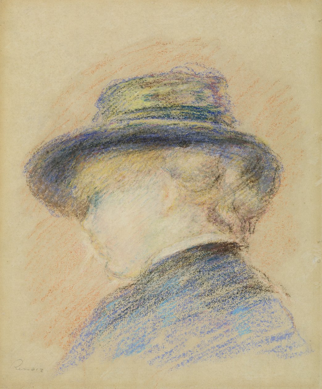 Egy kék kalapos fiatal nő profilja (pasztell, papíron) alkotó: Pierre Auguste Renoir
