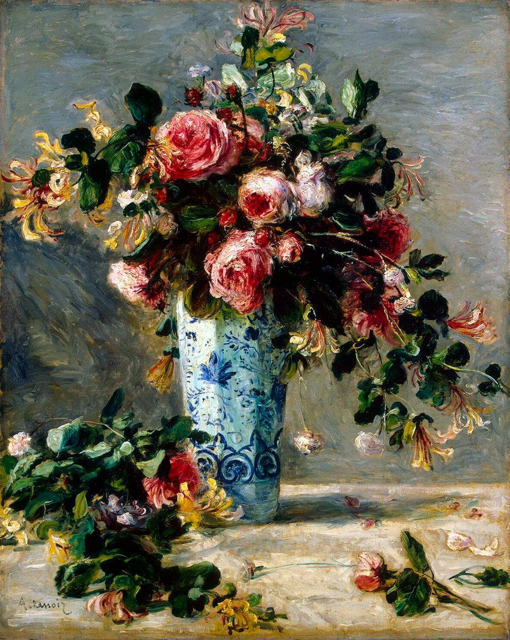 Rózsák és jázmin egy delfti vázában, 1880-1881. alkotó: Pierre Auguste Renoir
