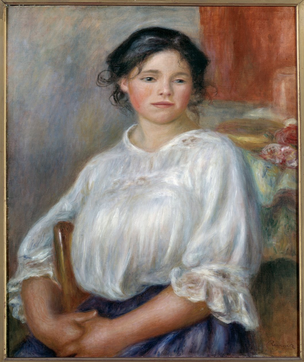 Ülő fiatal lány. 1909 körül. Pierre Auguste Renoir (1841-1919) festménye alkotó: Pierre Auguste Renoir