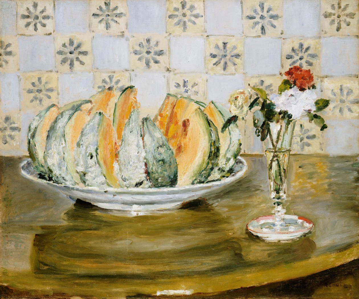 Dinnye csendélet és virágváza, 1872 körül alkotó: Pierre Auguste Renoir