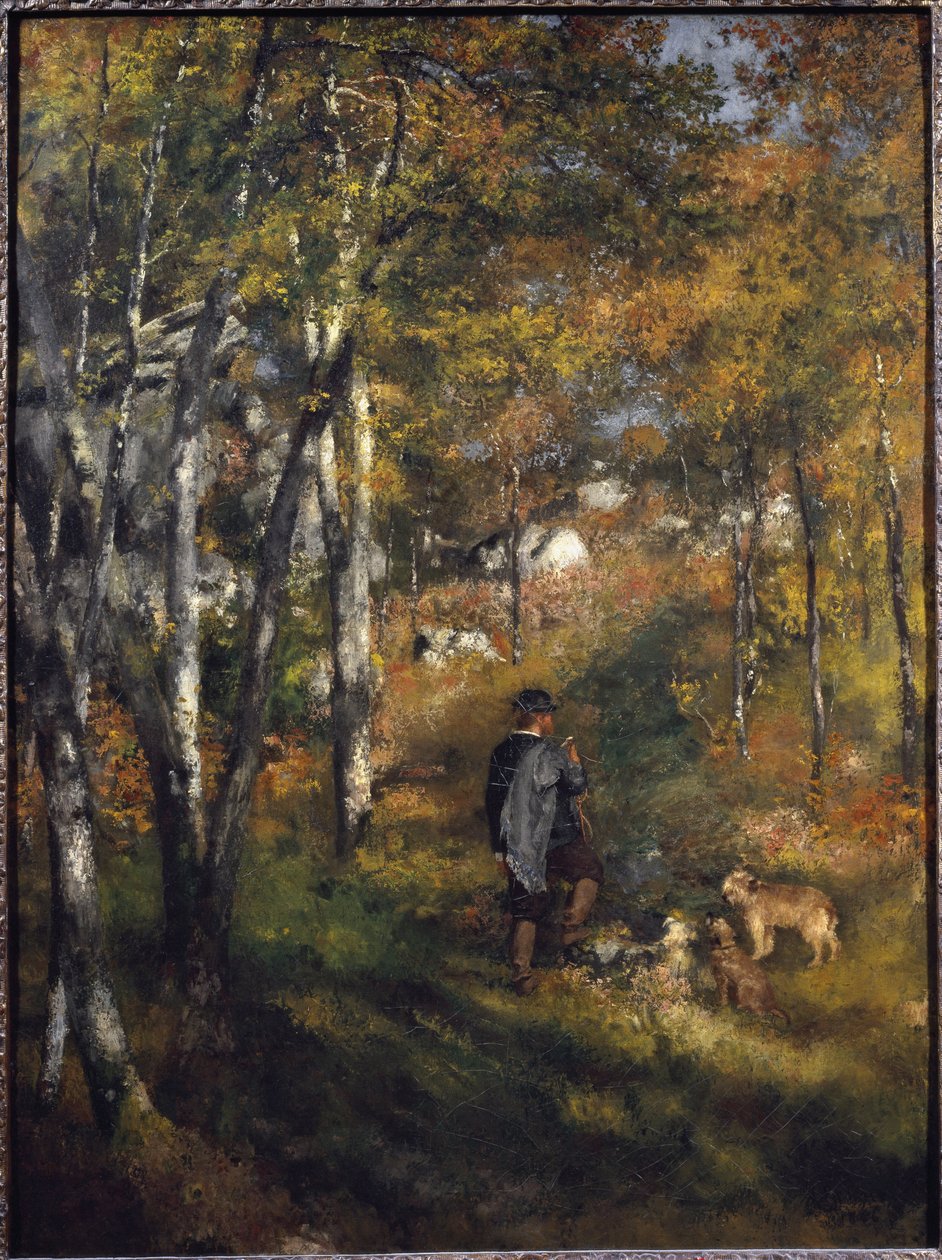 Jules Le Coeur festő kutyáival a fontainebleau-i erdőben Pierre-Auguste Renoir festménye (1841-1919) 1866 Méret: 105x79 cm Sao Paulo, Művészeti Múzeum, Brazília alkotó: Pierre Auguste Renoir