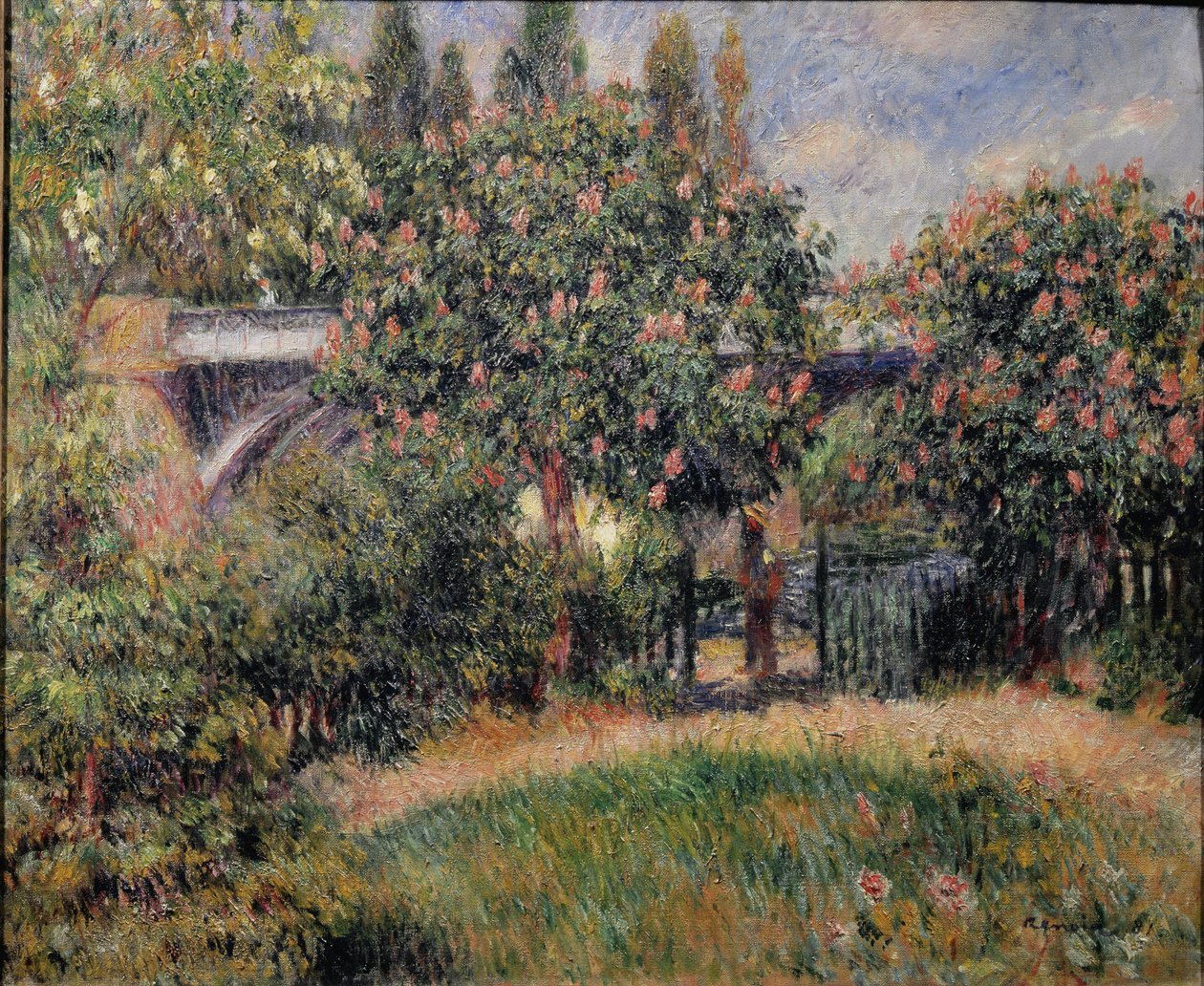 A chatoui vasúti híd vagy a rózsaszín gesztenyefák - 1881. Olaj, vászon alkotó: Pierre Auguste Renoir