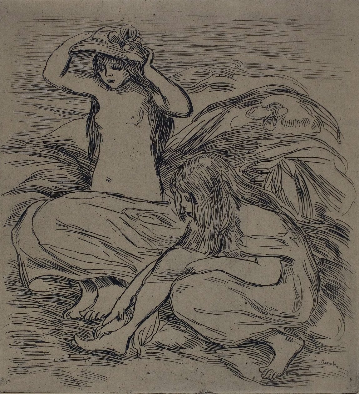 Két fürdőző nő, 1895 körül (metszet barnás vattára) alkotó: Pierre Auguste Renoir