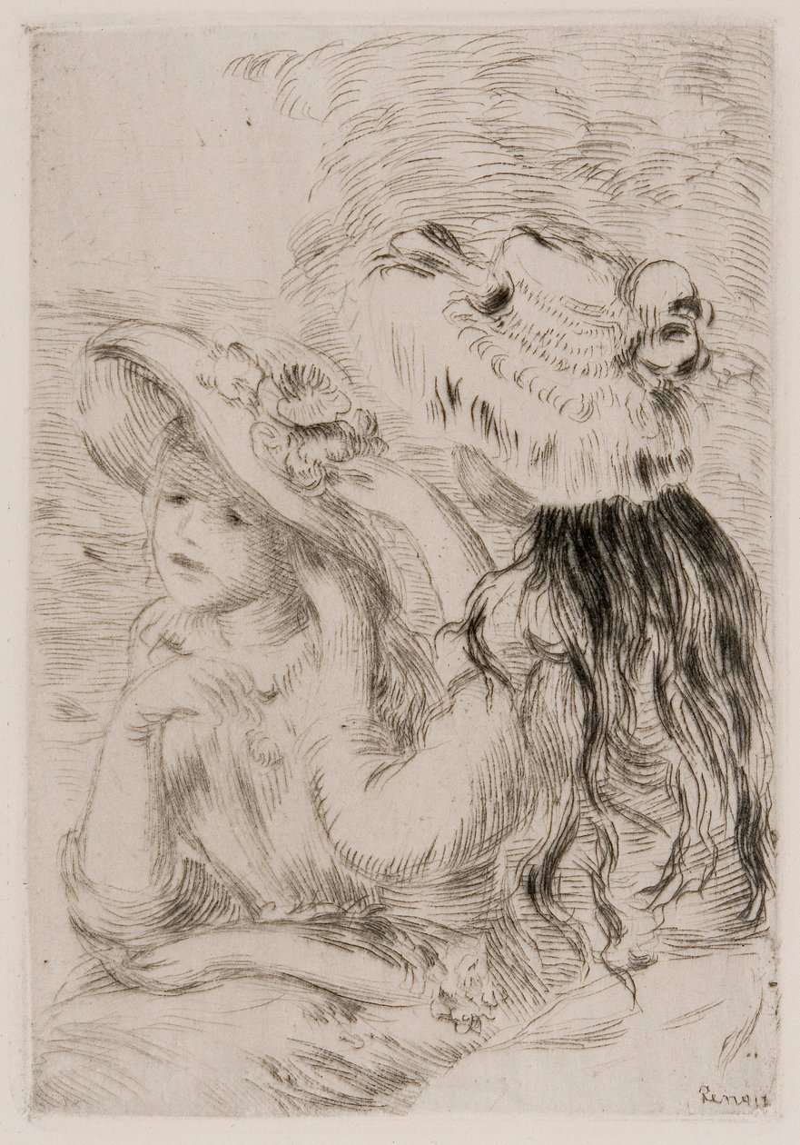 Két fiatal lány virágot tűz a kalapjára, c1897. alkotó: Pierre Auguste Renoir