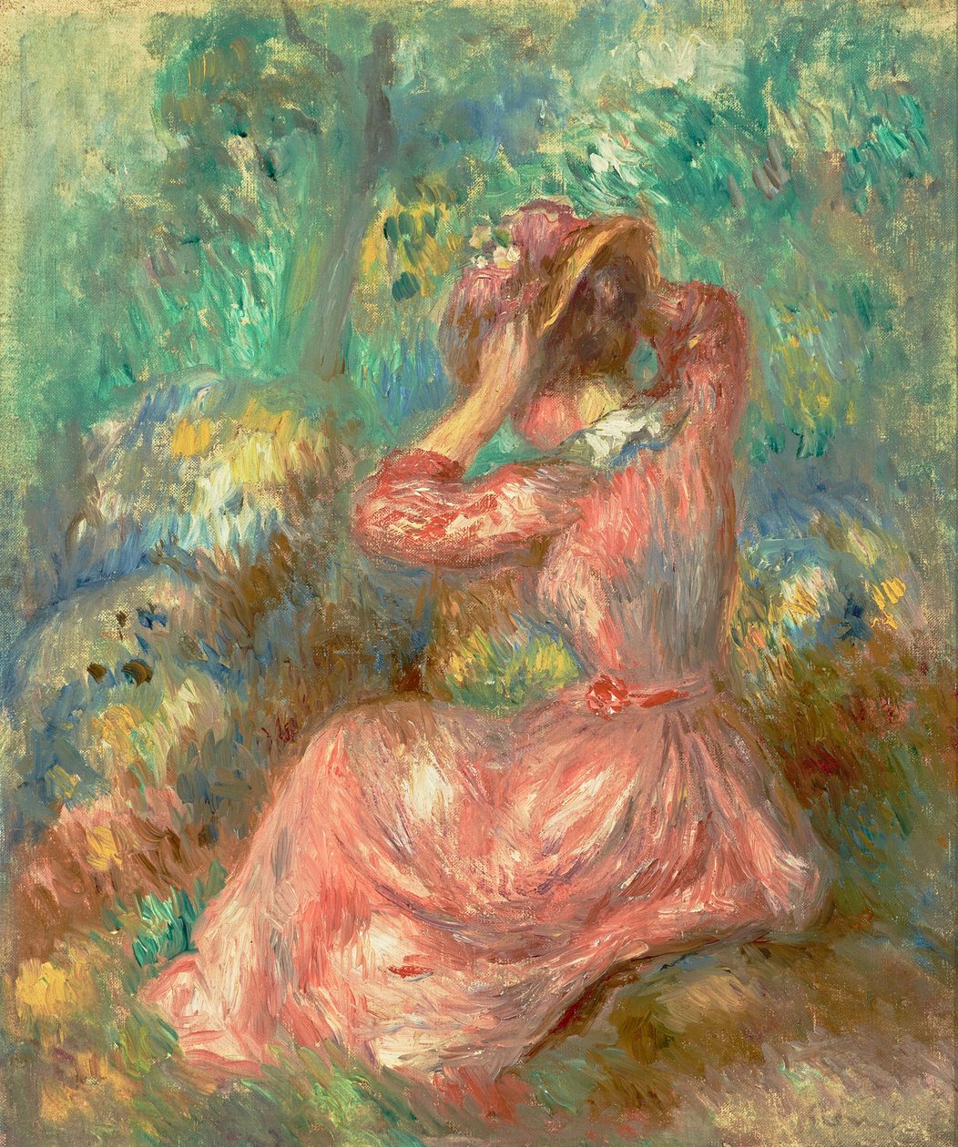 Woman Arranging Her Hat 1890 (Olaj, vászon) alkotó: Pierre Auguste Renoir