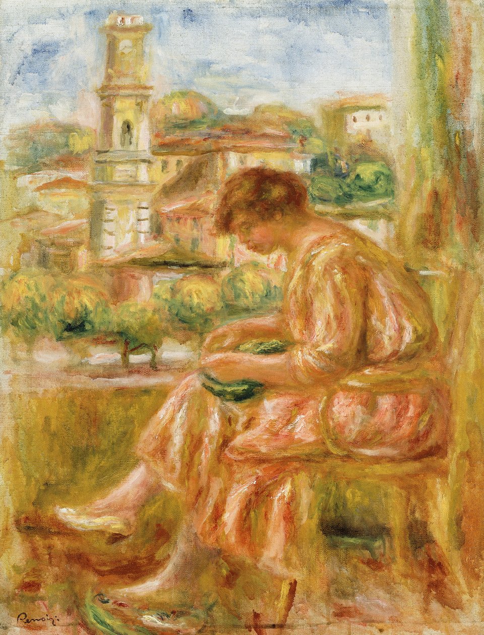 Nő az ablakban, kilátással Old Nizzára, 1918 alkotó: Pierre Auguste Renoir