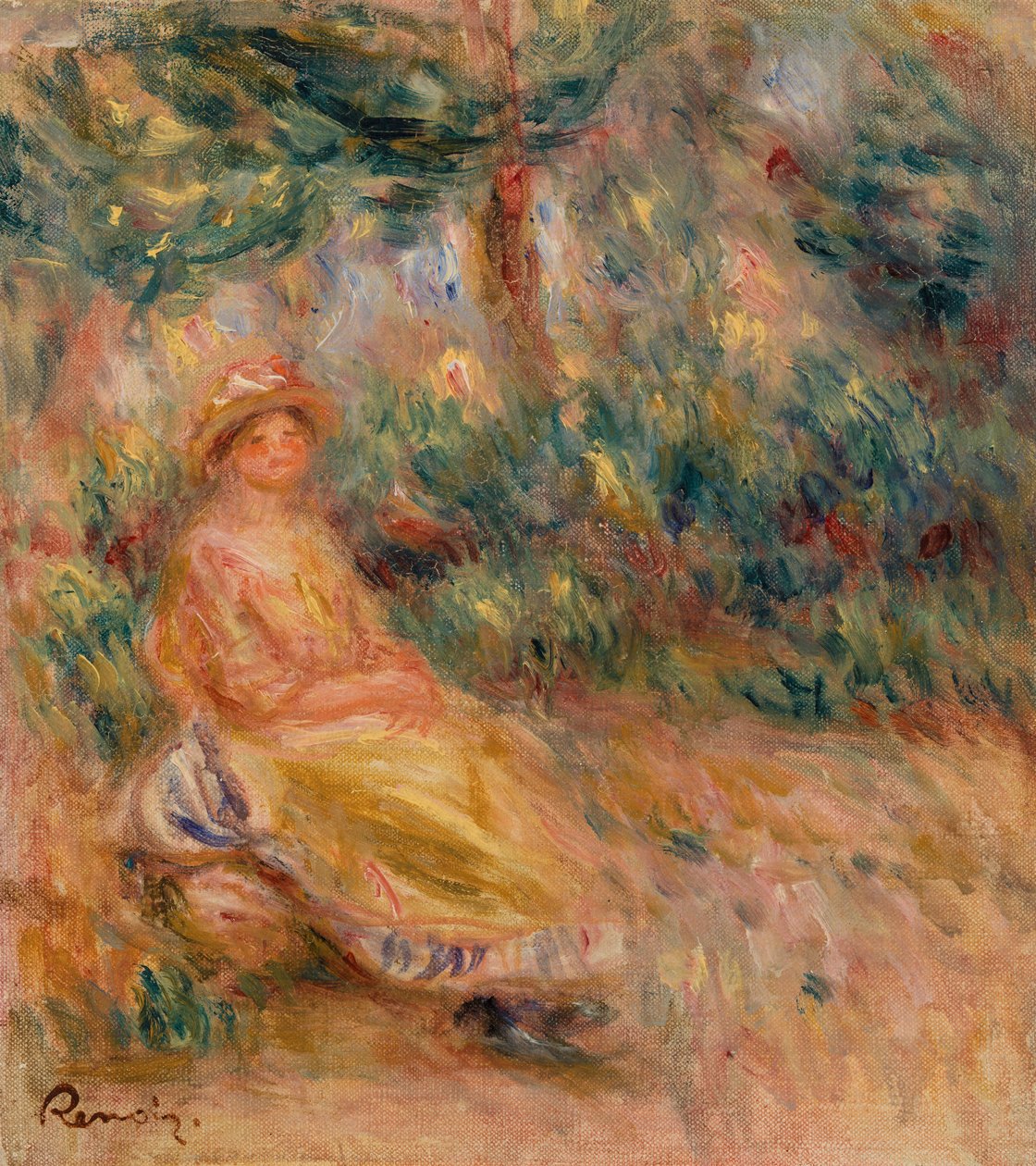 Rózsaszín és sárga nő a tájon alkotó: Pierre Auguste Renoir