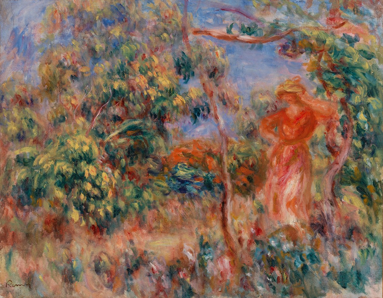 Piros ruhás nő a tájon alkotó: Pierre Auguste Renoir