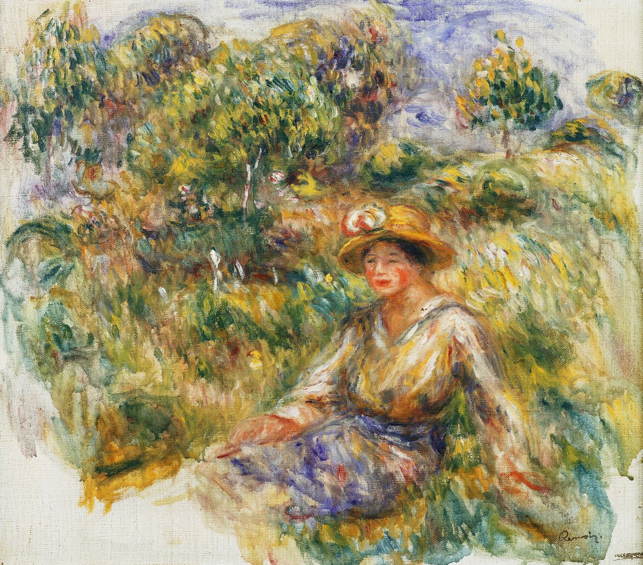 nő egy kék kalapban ül a fűben; Kék ruhás, kalapos nő a fűben ülve, 1916 körül alkotó: Pierre Auguste Renoir
