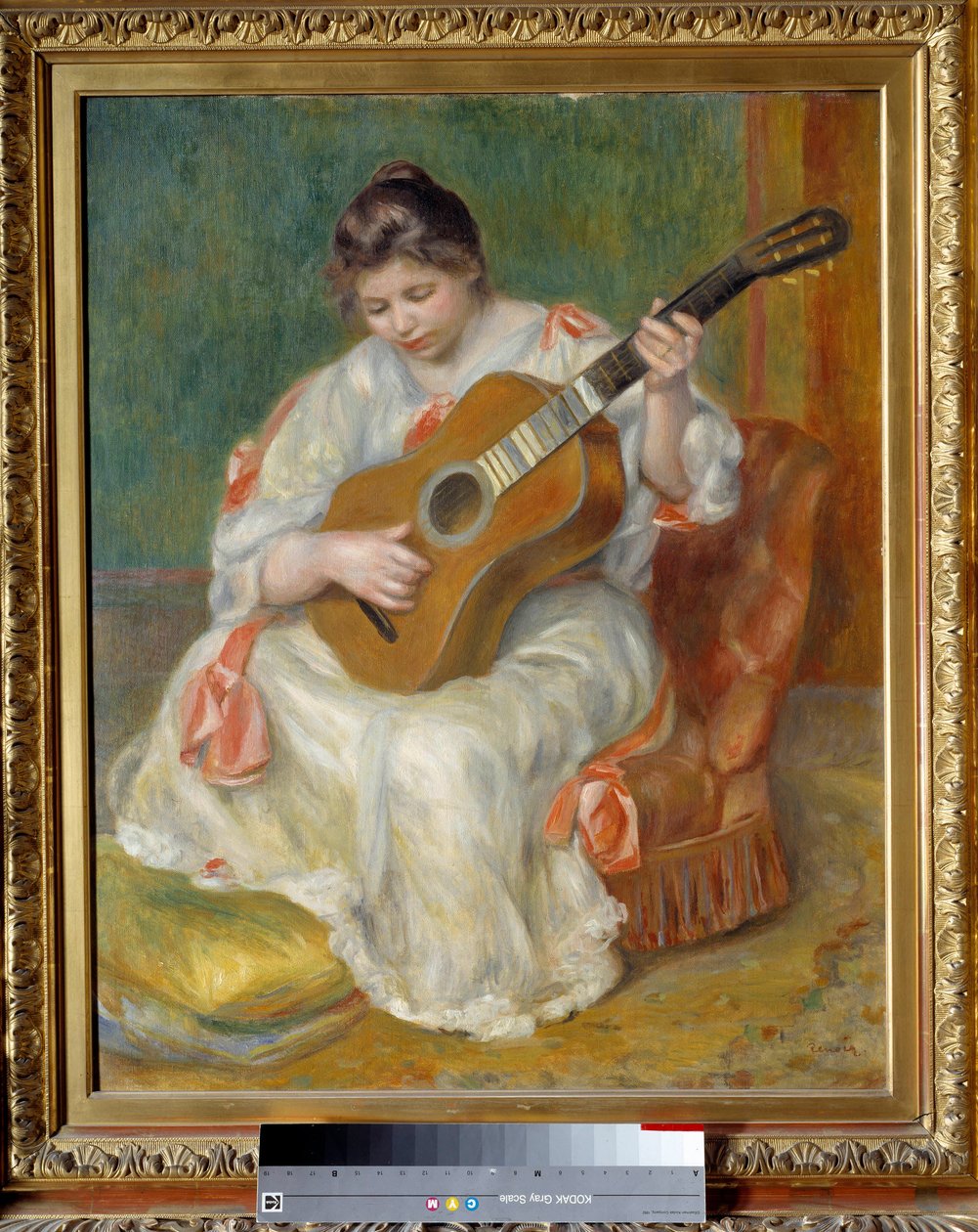 Nő gitározni. Pierre Auguste Renoir (1841-1919) festménye alkotó: Pierre Auguste Renoir