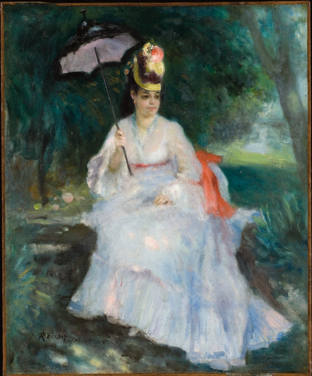 Nő napernyővel a kertben ülve (Lise Trehot) alkotó: Pierre Auguste Renoir