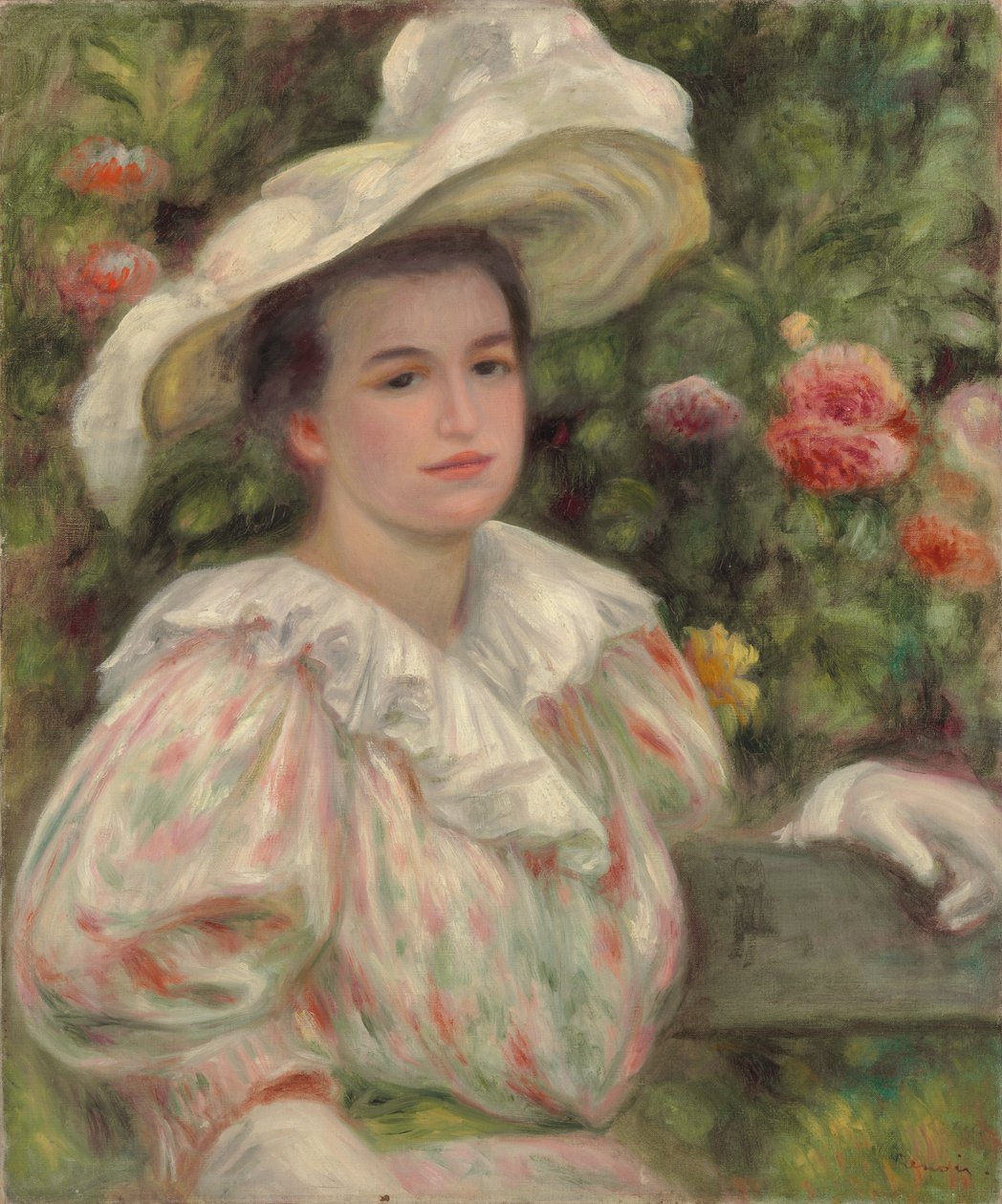 fiatal lány, között, virágok, vagy, nő, fehér, kalap; Fiatal lány arany virágokban Nő fehér kalapban, 1895 körül alkotó: Pierre Auguste Renoir