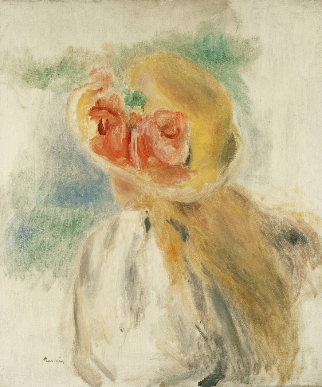 fiatal lány virágokkal a kalapjában; Fiatal lány virágos kalapban, 1900-1905 körül alkotó: Pierre Auguste Renoir