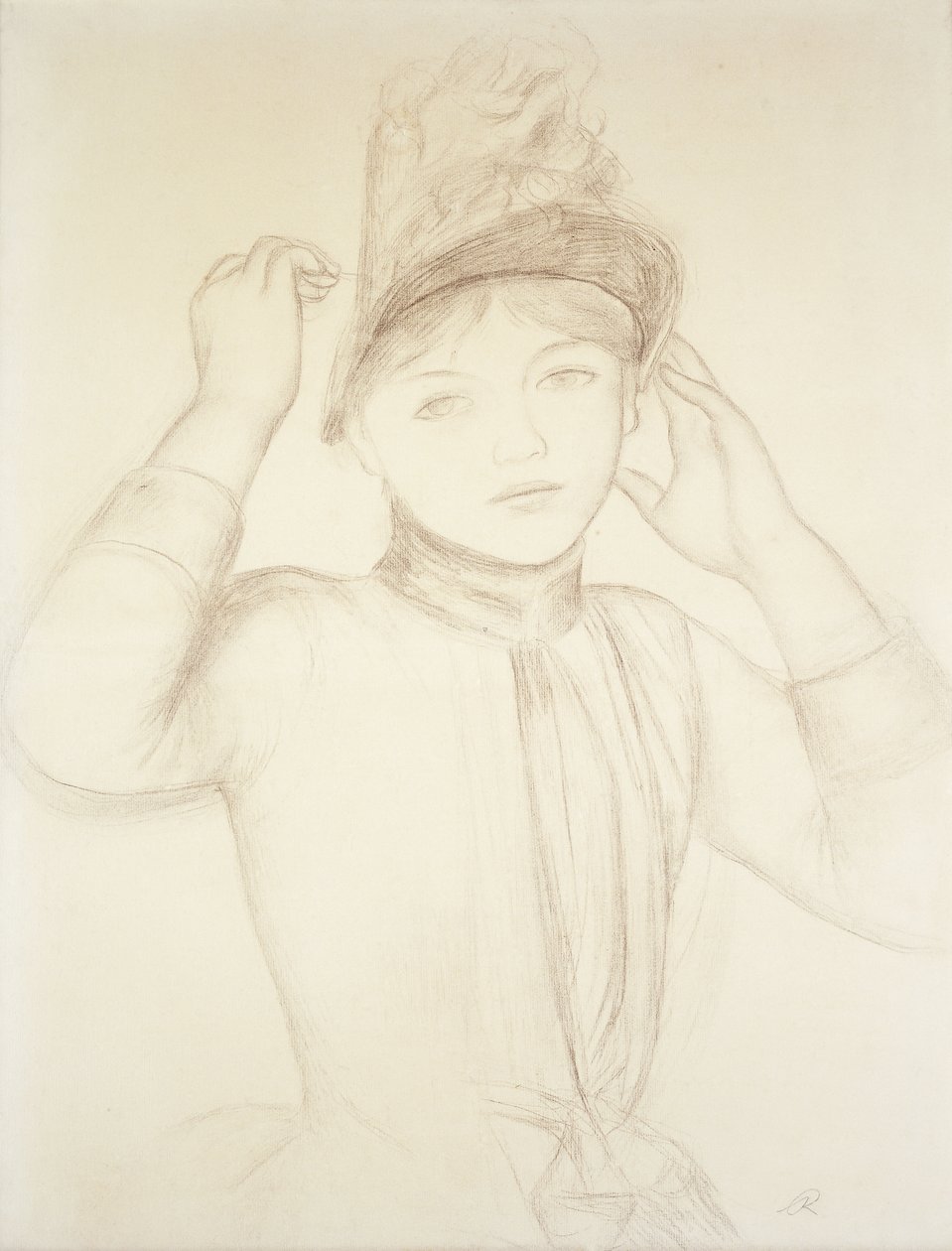Fiatal nő, intézi a kalapját; Fiatal lány igazgatja kalapját, 1885 körül alkotó: Pierre Auguste Renoir