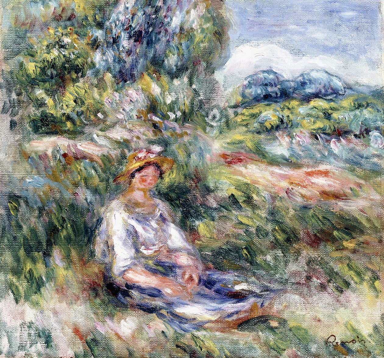 Fiatal nő ül a réten, alkotó: Pierre Auguste Renoir