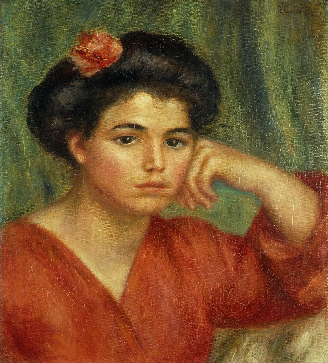 fiatal nő rózsával; Lány rózsával, 1907 alkotó: Pierre Auguste Renoir