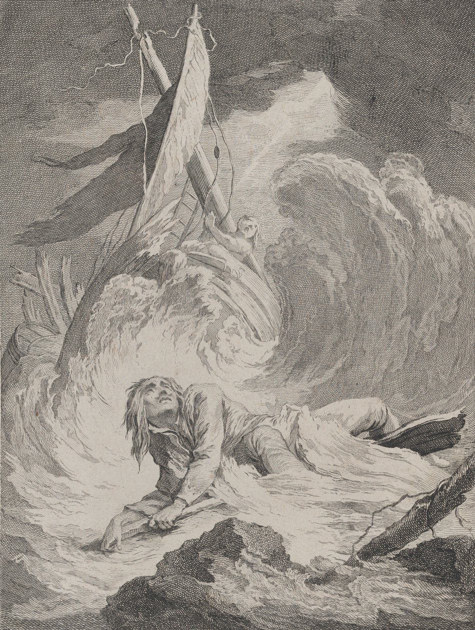 Lazarille Indiából hazatérve hajótörést szenved..., kb. 1717-60. alkotó: Pierre Aveline