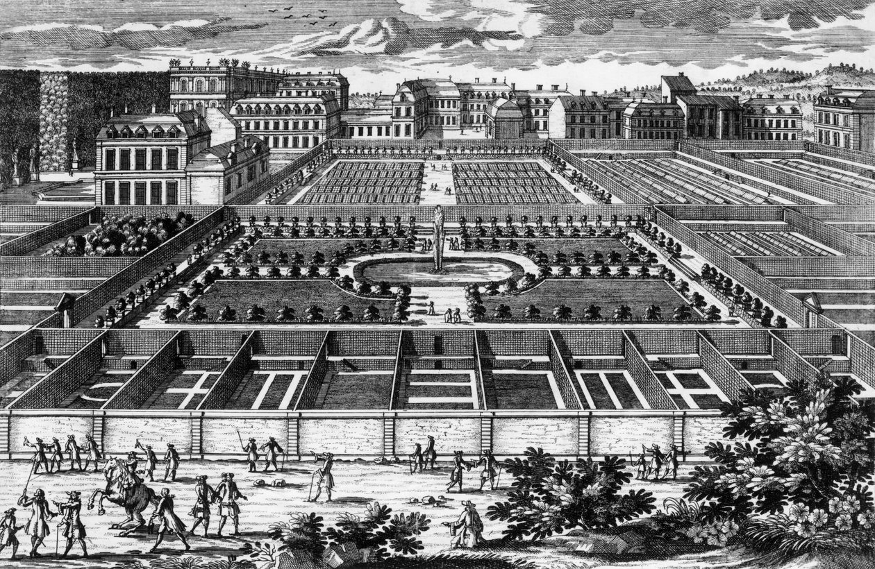 Kilátás a versailles-i konyhakertre XIV. Lajos korában, Aveline metszet alkotó: Pierre Aveline