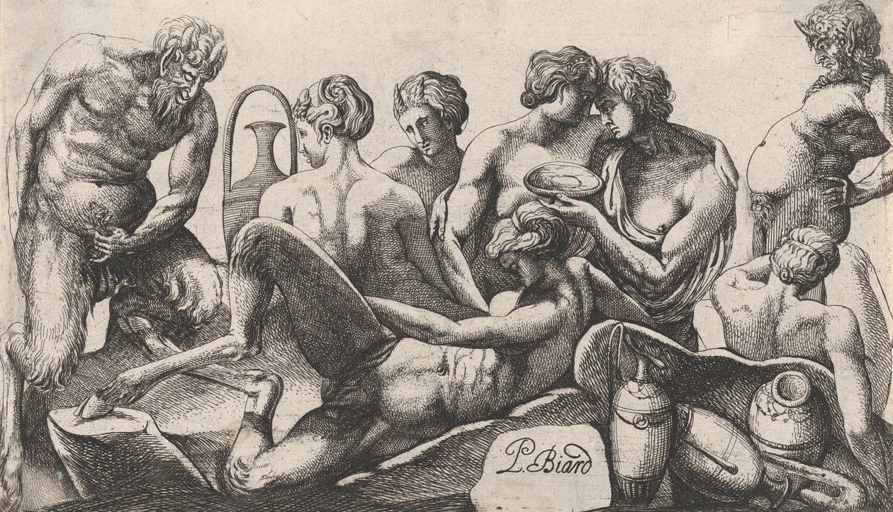 Nyolc szatír és szatírnő befejezi az étkezést, 1607-61. alkotó: Pierre Biard