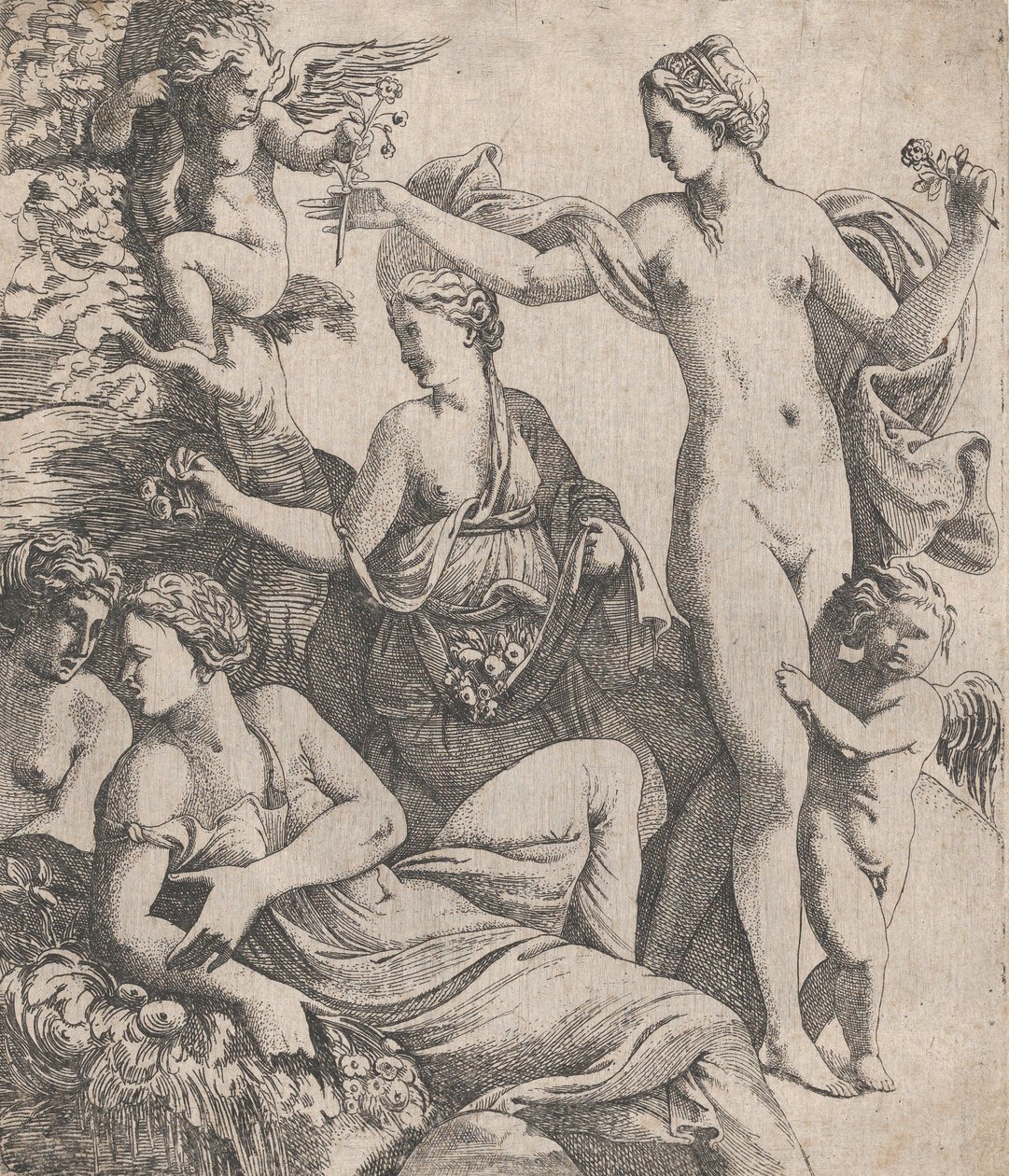 A három gráciával álló Vénusznak felajánlanak egy puttó virágot, 1607-61. alkotó: Pierre Biard