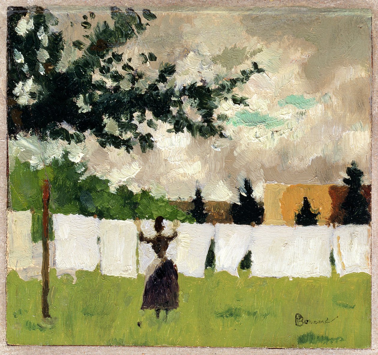 Woman Hanging Clothes, 1892 körül (olaj, papír a panelen) alkotó: Pierre Bonnard