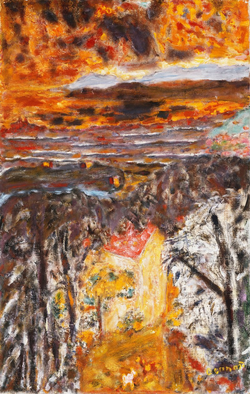 Táj, a rózsaszín ház, naplemente; Táj, A rózsaszín ház, naplemente, 1934 körül (olaj, vászon) alkotó: Pierre Bonnard