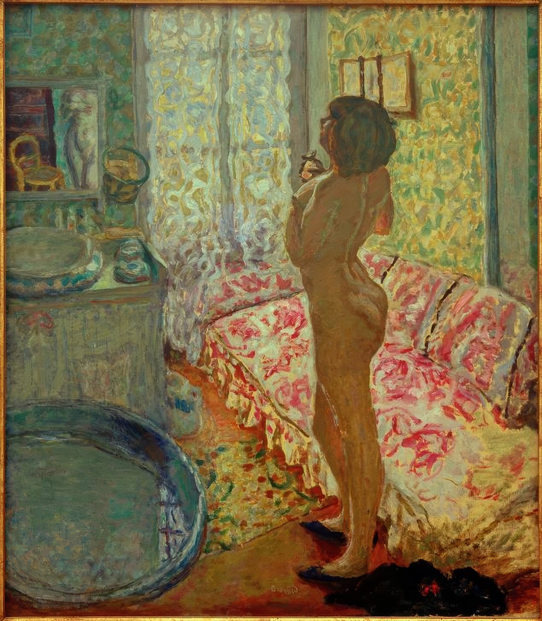 A fürdőszoba rózsaszín kanapéval (Meztelen a fény ellen) alkotó: Pierre Bonnard