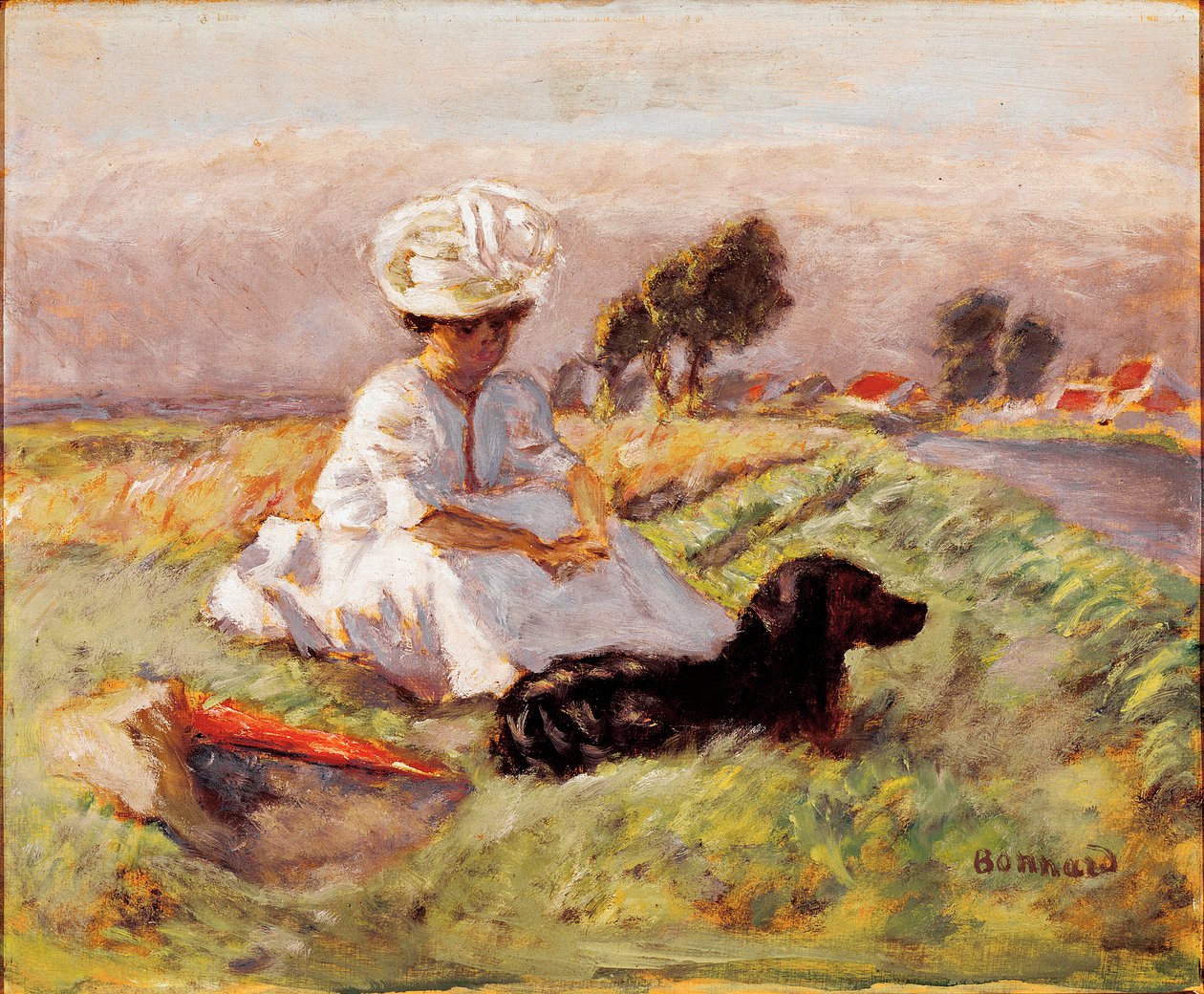 Madame Bonnard A festő felesége az összecsapásban ül a kutyájával. Pierre Bonnard festménye alkotó: Pierre Bonnard