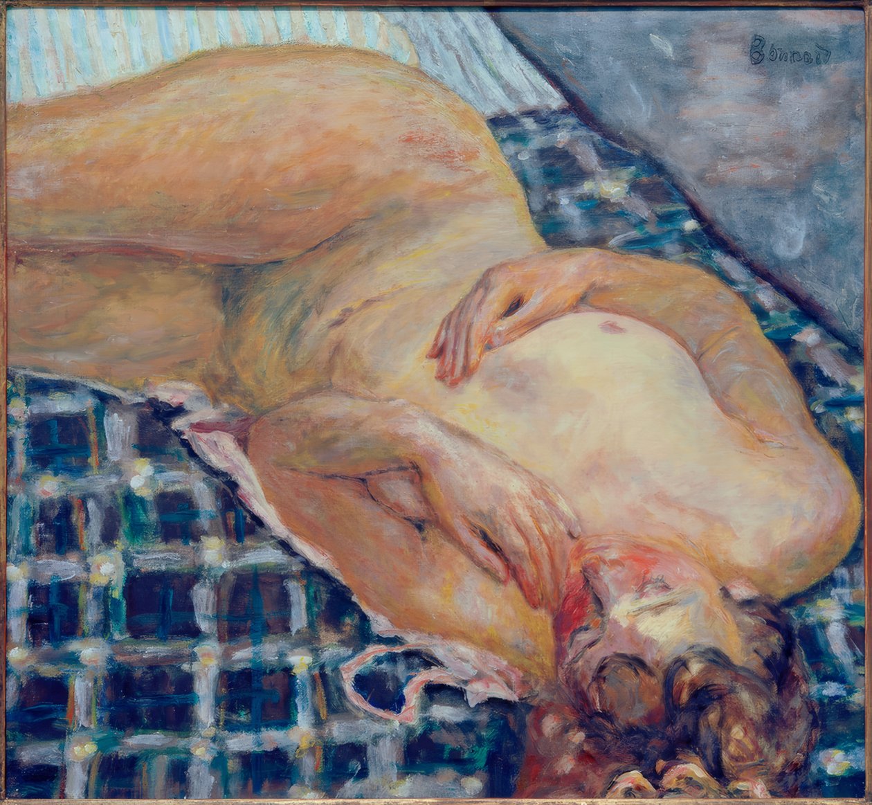 Fekvő meztelen, fehér és kék kockás háttér alkotó: Pierre Bonnard