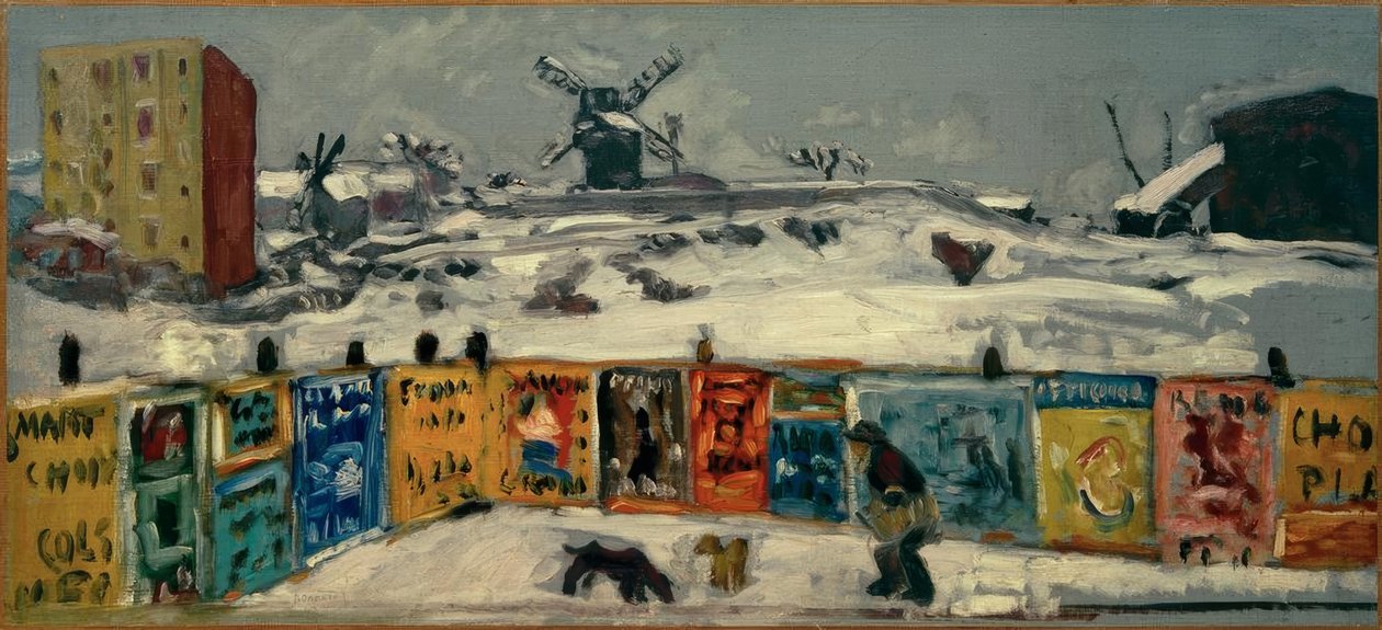 Palánk, plakátok (plakátokkal borított palánk és a hó alatti régi montmartre-i malmok) alkotó: Pierre Bonnard