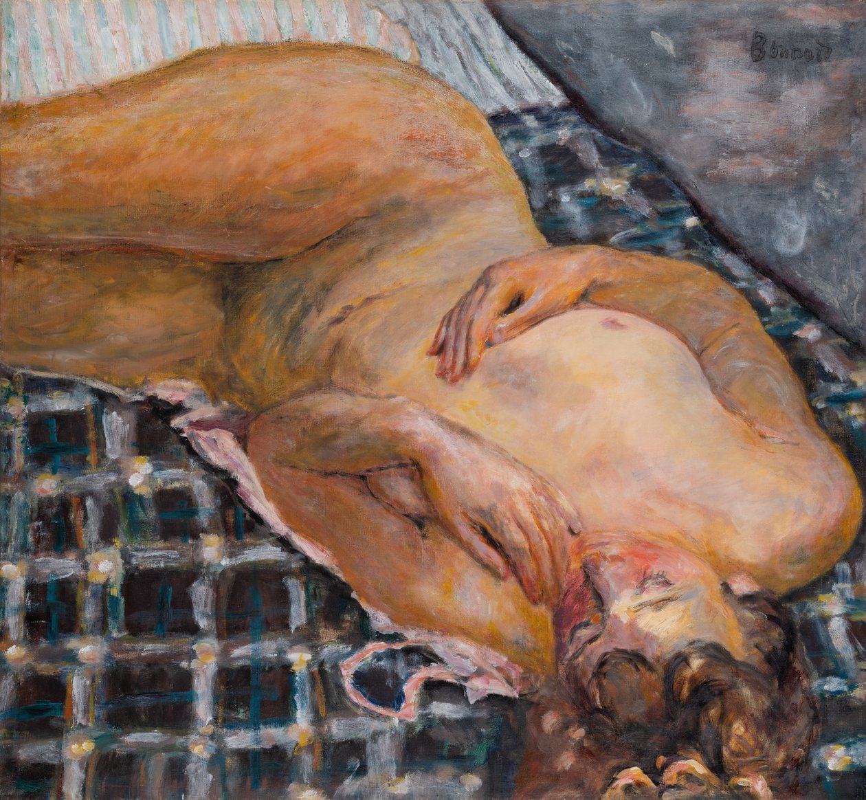 Fekvő akt fehér és kék kockás ágyon, 1909 körüli (olaj, vászon) alkotó: Pierre Bonnard