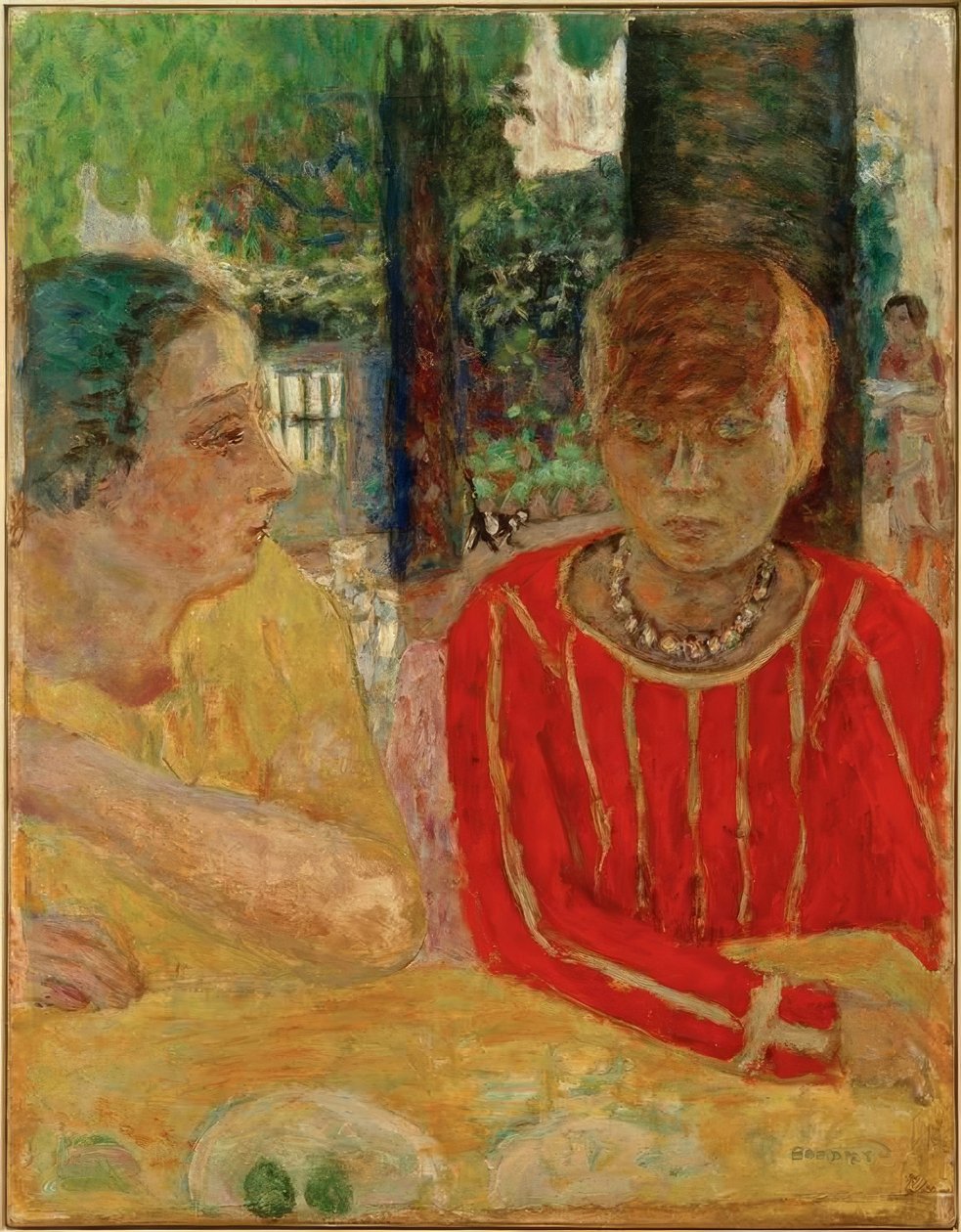 Reine Natanson és Marthe Bonnard vörös fűzővel alkotó: Pierre Bonnard