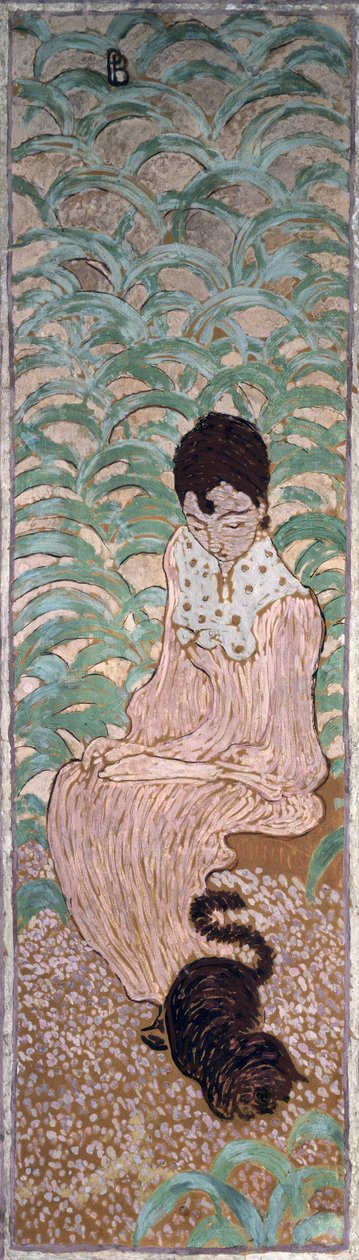 Ülő nő macskával, a Nők a kertben négy panel egyike, 1891 (olaj, papír, vászon) alkotó: Pierre Bonnard