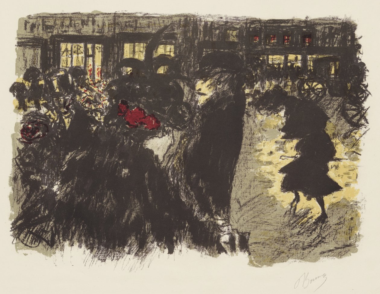 Az élet néhány aspektusa Párizsban, 7: The Square in the Evening, 1898 körül (szőtt papíron sárga, piros, lila, zöldesszürke színben) alkotó: Pierre Bonnard