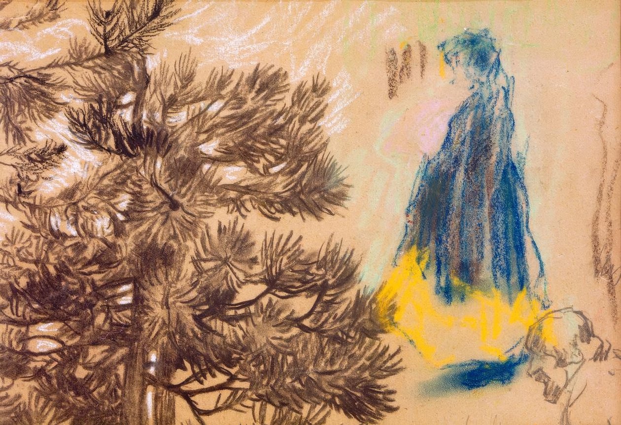 Tanulmánylap: tűlevelű, csuklyás köpenyes lány, férfi portré alkotó: Pierre Bonnard