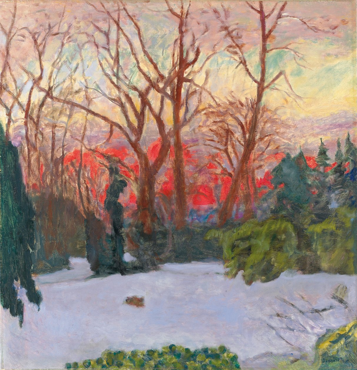 A kert hó alatt, naplemente; A kert a hóban, lenyugvó nap, 1910 körül (olaj, vászon) alkotó: Pierre Bonnard