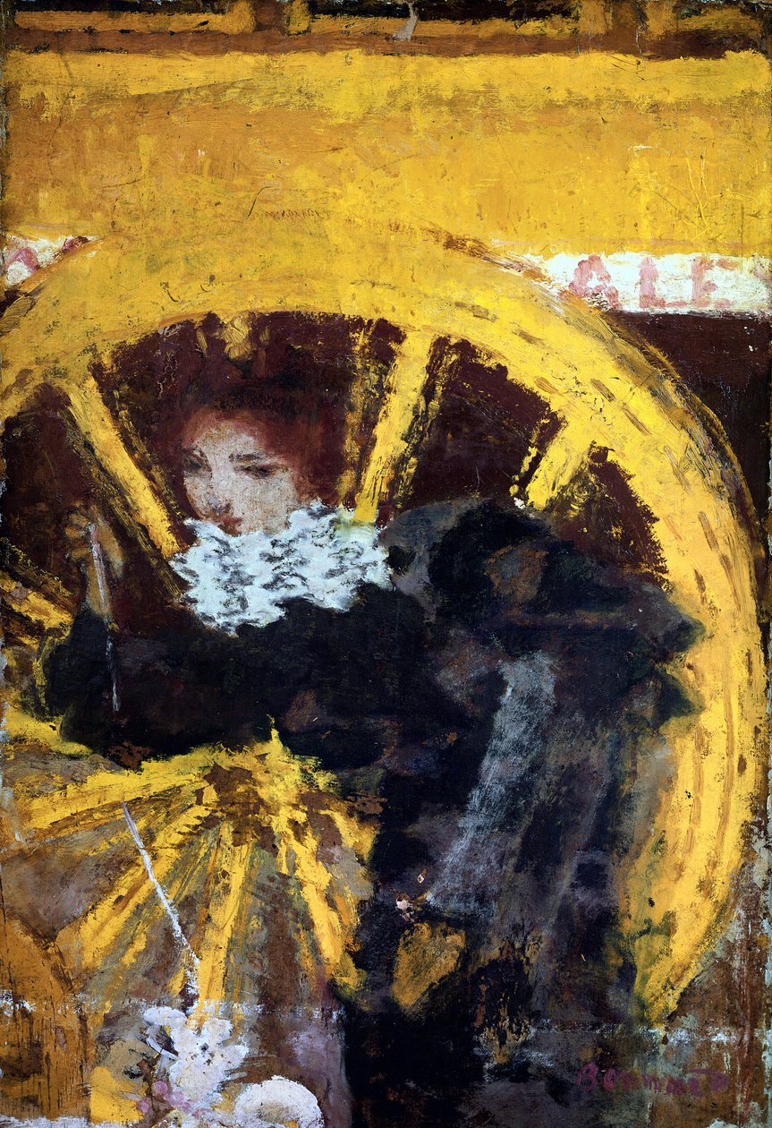 Az omnibusz Fiatal nő és kutyája egy kocsi kerekei közelében. Pierre Bonnard (1867-1947) festménye, 1895-ös gyűjtemény: Vicomtesse de Maublanc alkotó: Pierre Bonnard