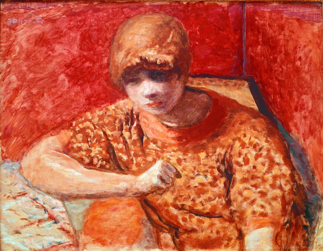 A narancssárga blúz Fiatal álmodozó nő ül egy asztal piros alapon. Pierre Bonnard (1867-1947) festménye 1913 Dim. 52x67 cm Párizs, Magángyűjtemény alkotó: Pierre Bonnard