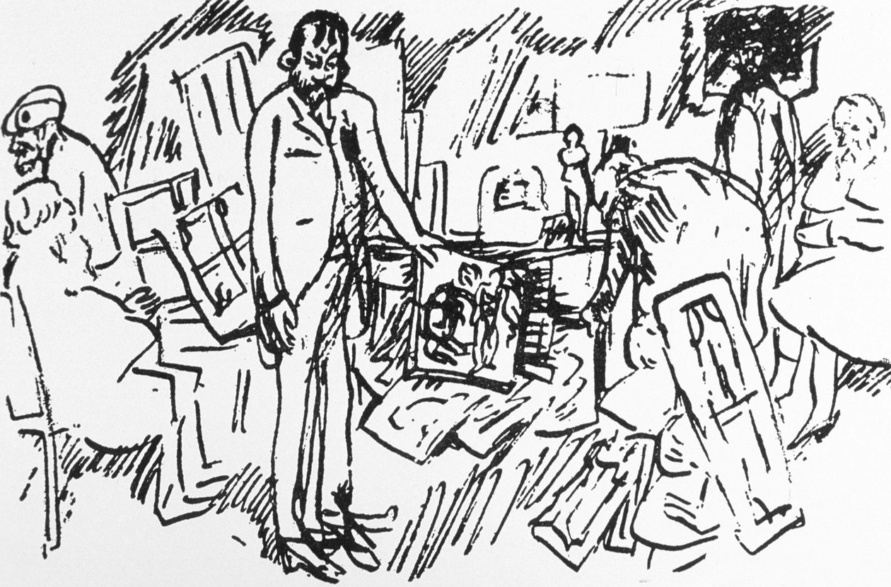 Ambroise Vollard párizsi műkereskedő boltja Párizsban 1895 körül: Camille Pissarro, Auguste Renoir, Pierre Bonnard és Edgar Degas festők egy ügyféllel (toll és tinta papíron) alkotó: Pierre Bonnard