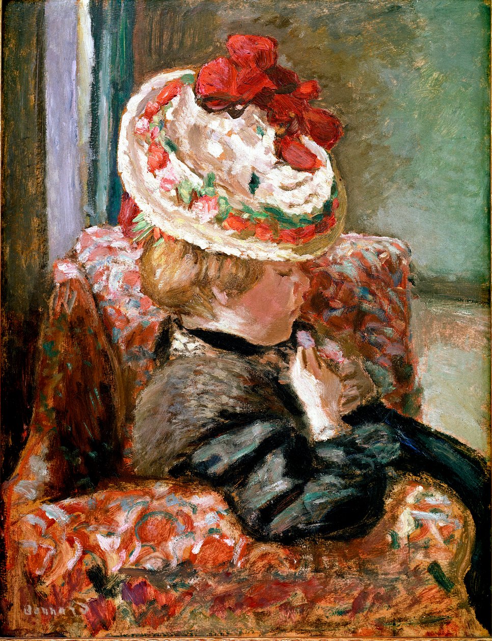 A szalmakalap Nő ül egy virágos kanapén. Pierre Bonnard festménye alkotó: Pierre Bonnard