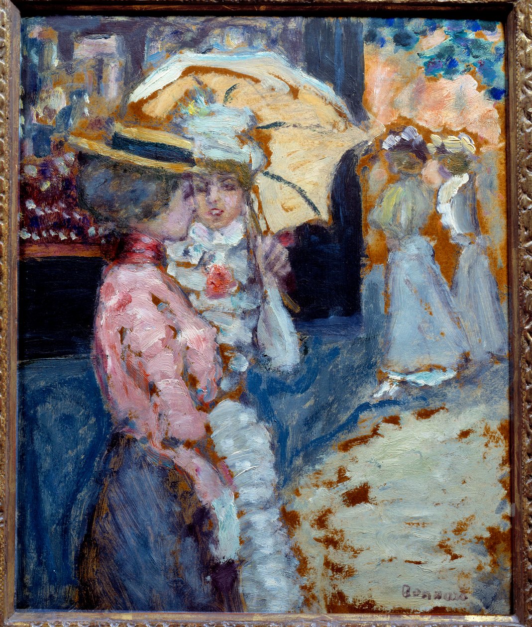 A séta Két elegáns, Belle Epoque divatba öltözött fiatal nő beszélget esernyőjük alatt. Pierre Bonnard (1867-1947) festménye 1900 V. 0,38x0,21 m Magángyűjtemény alkotó: Pierre Bonnard