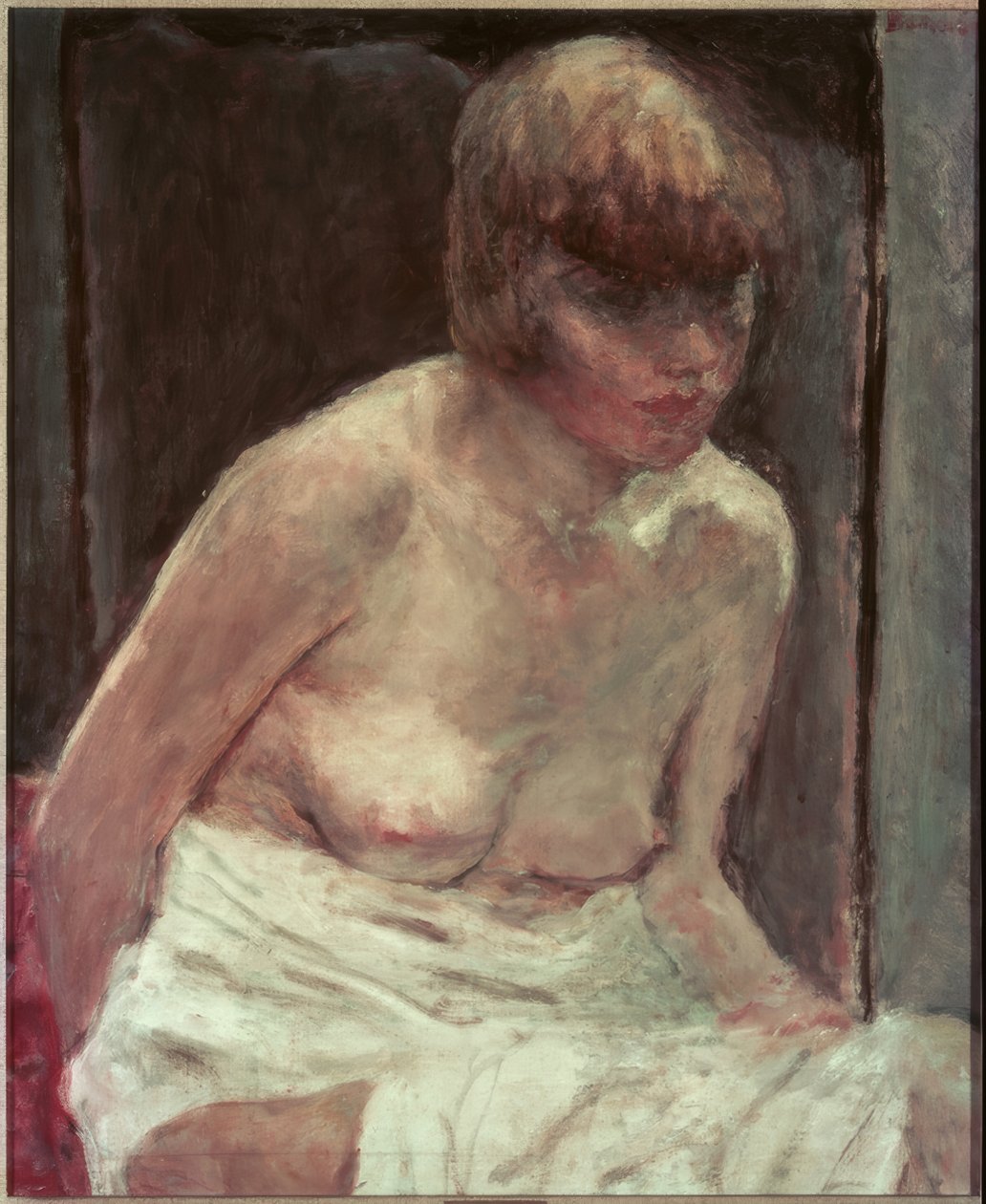 Fehér fürdőköpenyben fiatal nő törzse alkotó: Pierre Bonnard