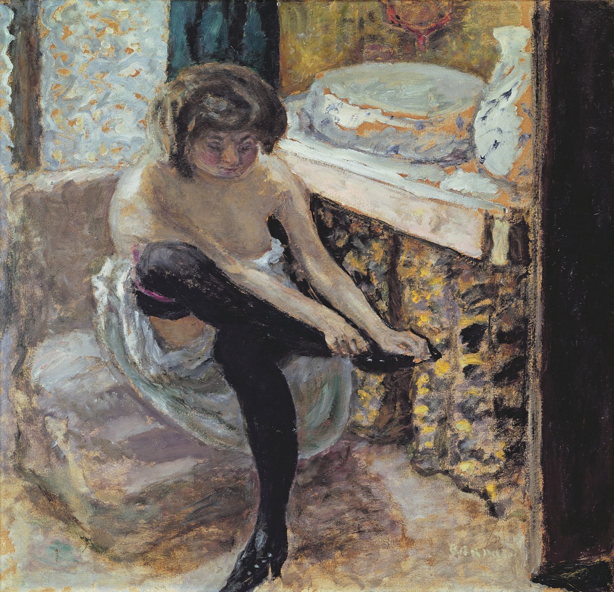 Fekete harisnyás nő vagy Nő a WC-ben, 1900 körül (olaj a kártyán) alkotó: Pierre Bonnard